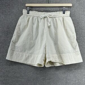 Cos Seersucker Shorts Women Size Small Beige Casual Drawstrings Elastic Waist